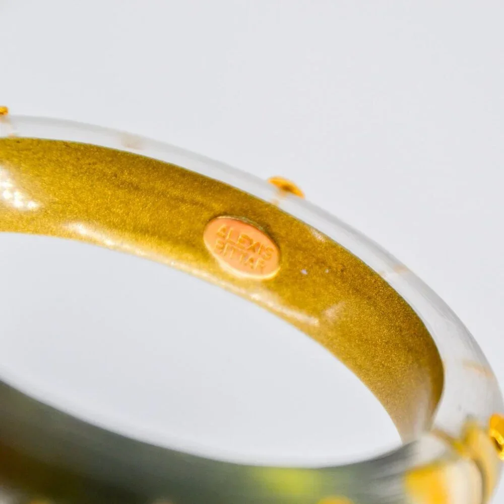 Alexis Bittar Gold Studded Lucite Hinged Statement Bracelet Transparent Green - Picture 2 of 6